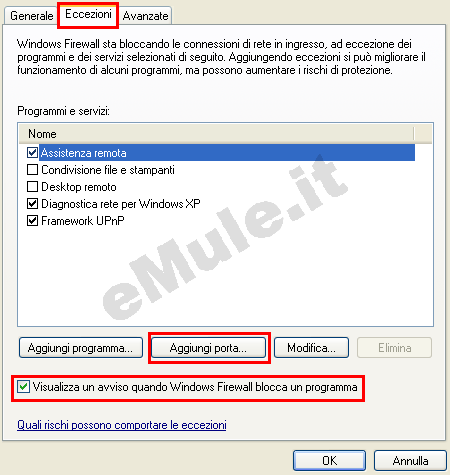 Qui mostriamo il corretto stato del firewall di XP, con nessuna eccezione per eMule o eventuali porte aperte per eMule.